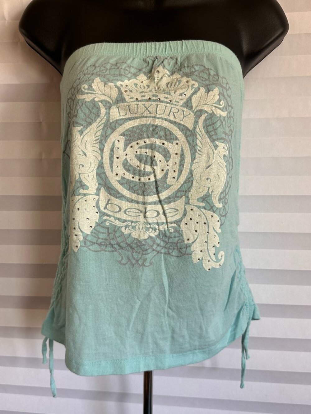 Bebe Womens Size Large L Aqua Logo Strapless Tube Top Bandeau Stretch Sleeveless